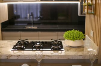 black gas stove on kitchen counter