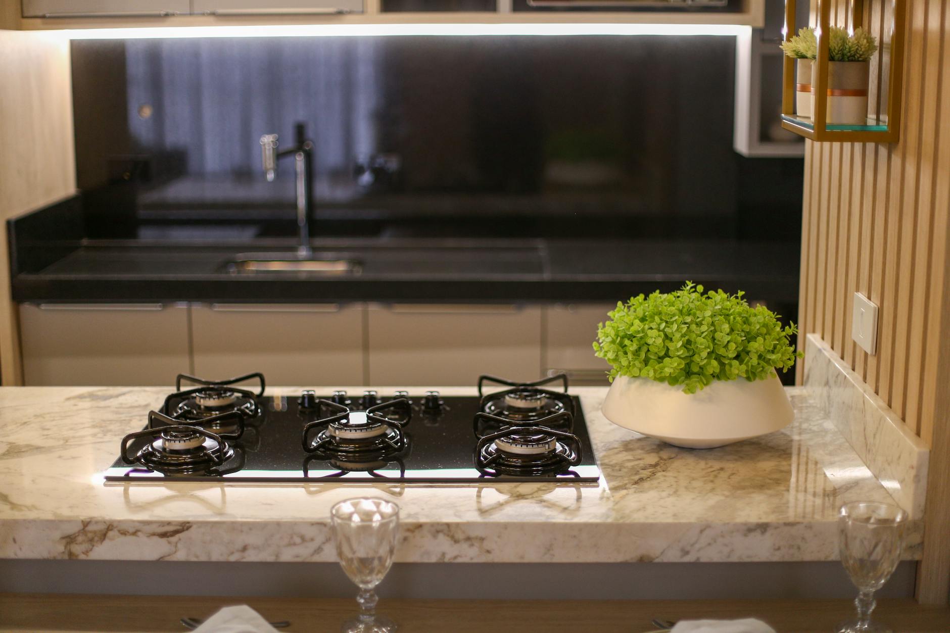 black gas stove on kitchen counter
