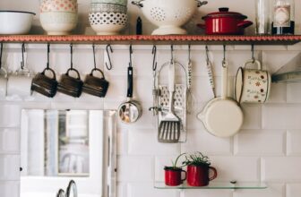 kitchen utensils on the shelves