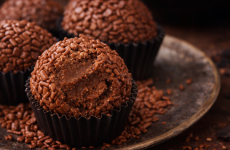 Brigadeiros de café em forminhas marrons, cobertos com chocolate granulado e cacau em pó, dispostos em uma bandeja rústica com grãos de café ao fundo.