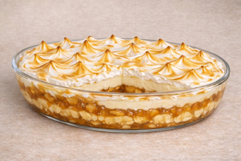 Travessa com Chico Balanceado, mostrando as camadas: caramelo de banana, creme branco e merengue dourado com picos decorativos.