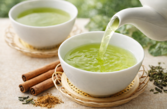 Xícara de chá verde sendo servida em ambiente natural, com folhas de chá ao redor e iluminação suave.
