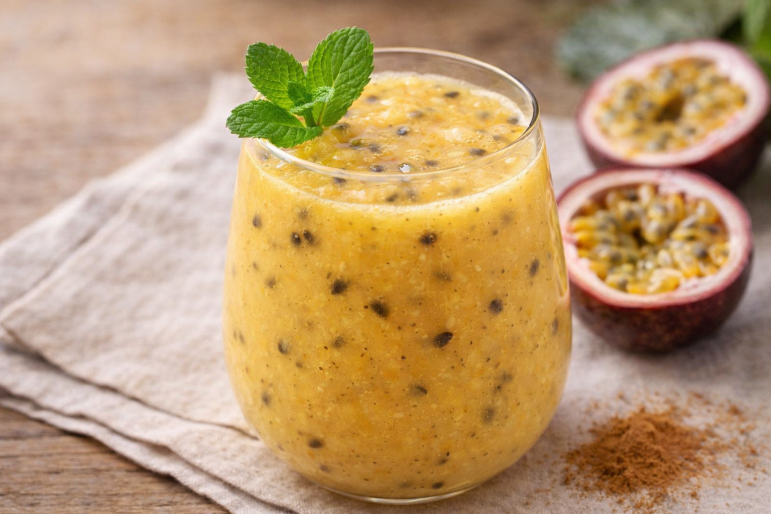 Copo de batida de maracujá cremosa com sementes e folhas de hortelã, sobre superfície de madeira com maracujá cortado ao lado.