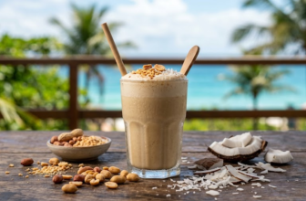 Fotografia horizontal em close-up de uma batida de amendoim cremosa em um copo de vidro transparente sobre uma mesa de madeira. Ao redor do copo, há amendoins inteiros e triturados à esquerda, e pedaços de coco fresco ralado à direita. O fundo mostra uma paisagem tropical desfocada com palmeiras e o mar azul sob iluminação natural suave.