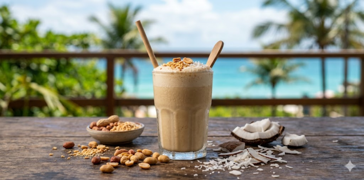 Fotografia horizontal em close-up de uma batida de amendoim cremosa em um copo de vidro transparente sobre uma mesa de madeira. Ao redor do copo, há amendoins inteiros e triturados à esquerda, e pedaços de coco fresco ralado à direita. O fundo mostra uma paisagem tropical desfocada com palmeiras e o mar azul sob iluminação natural suave.