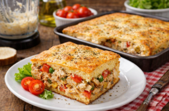 Fatia de torta salgada dourada com legumes e frango servida em prato branco sobre toalha xadrez vermelha.